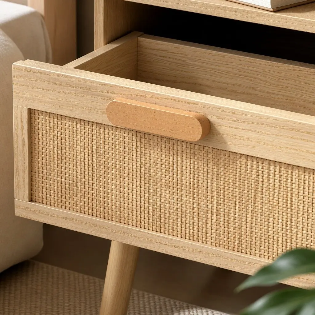Bedside Tables Set of 2 Wooden Nightstand Rattan Drawers 40cm x 40cm x 56cm E1 Particle Board Natural Bamboo