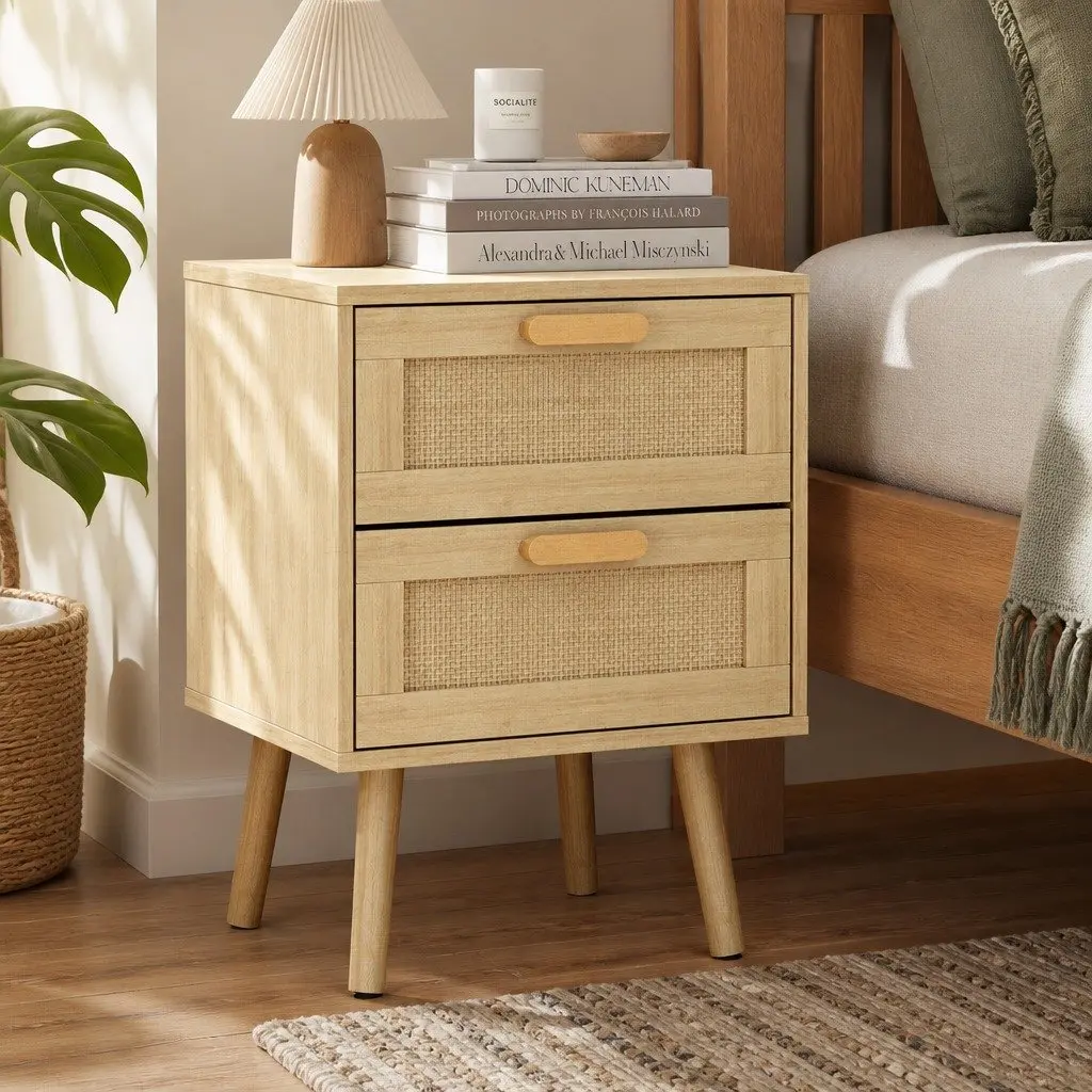 Bedside Tables Set of 2 Wooden Nightstand Rattan Drawers 40cm x 40cm x 56cm E1 Particle Board Natural Bamboo