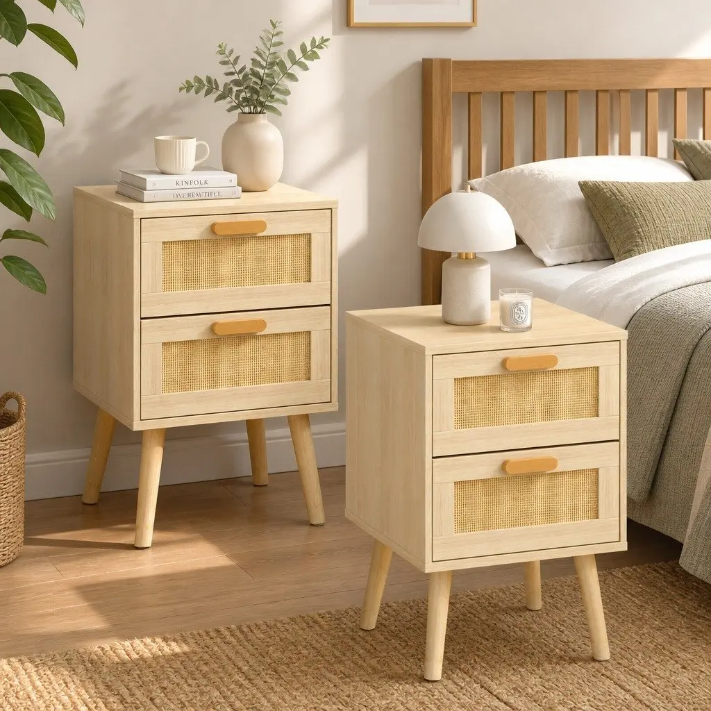 Bedside Tables Set of 2 Wooden Nightstand Rattan Drawers 40cm x 40cm x 56cm E1 Particle Board Natural Bamboo