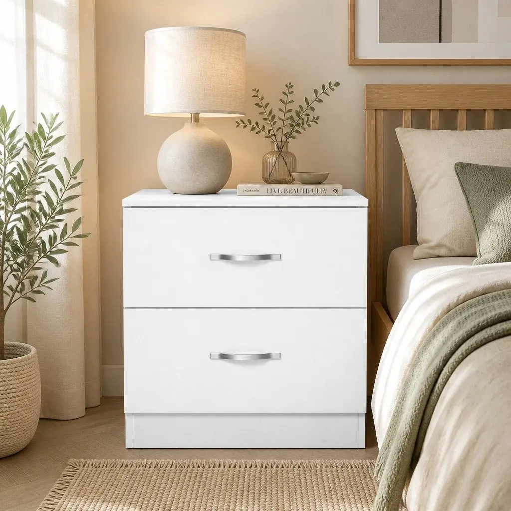 Bedside Table White 2 Drawer Storage Nightstand Bedroom Cabinet MDF PB Board PVC