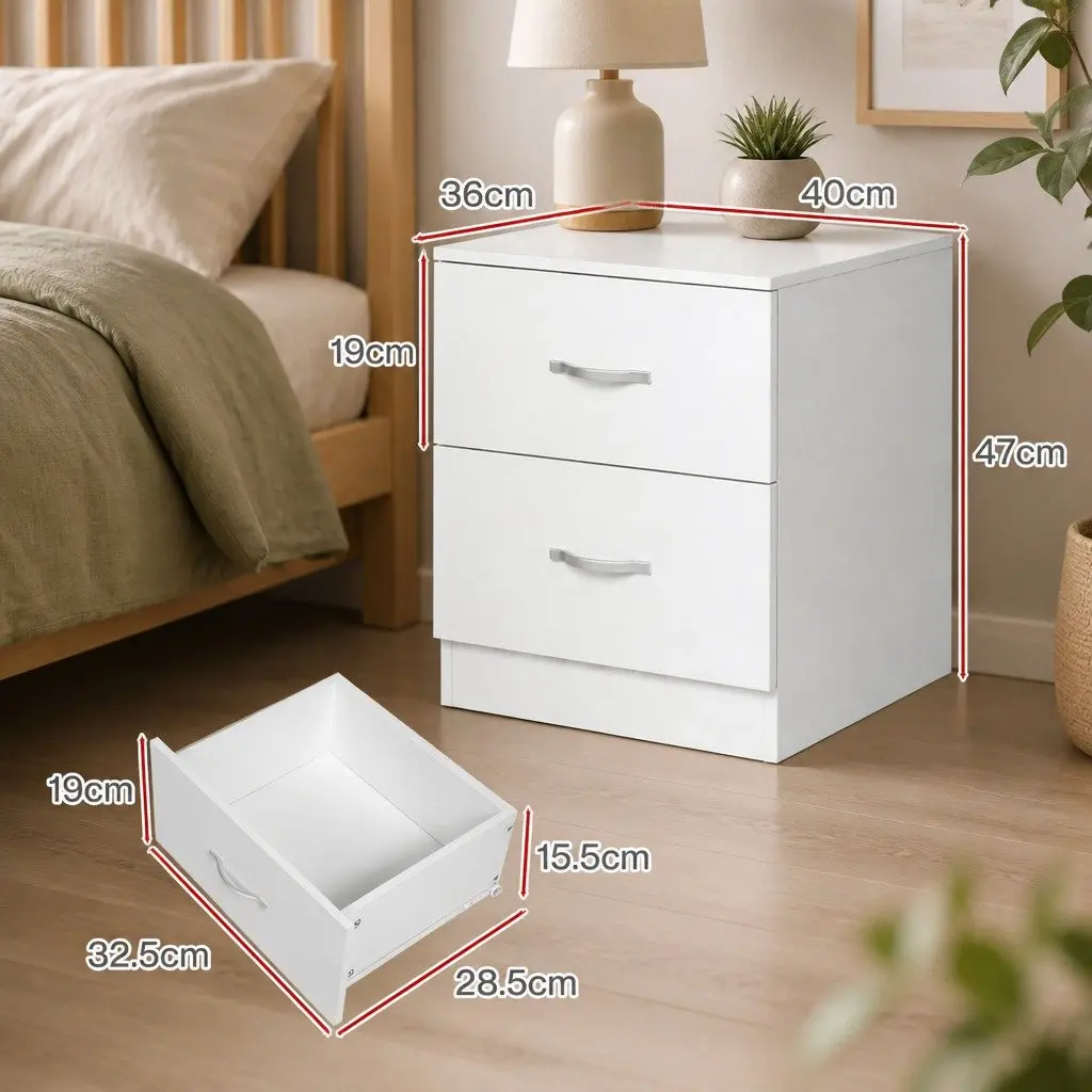 Bedside Table White 2 Drawer Storage Nightstand Bedroom Cabinet MDF PB Board PVC