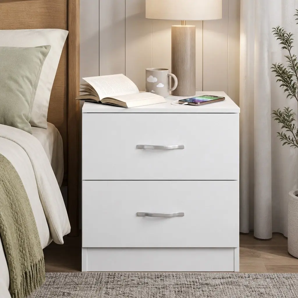 Bedside Table White 2 Drawer Storage Nightstand Bedroom Cabinet MDF PB Board PVC