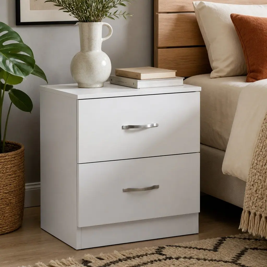 Bedside Table White 2 Drawer Storage Nightstand Bedroom Cabinet MDF PB Board PVC