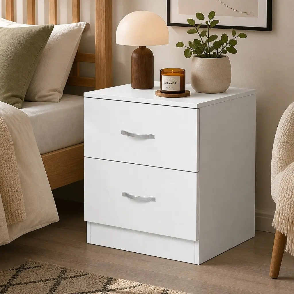 Bedside Table White 2 Drawer Storage Nightstand Bedroom Cabinet MDF PB Board PVC