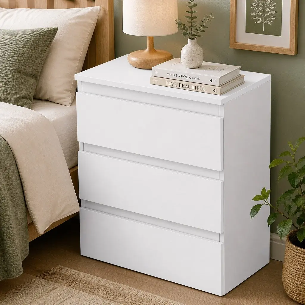 Bedside Table Side Table 3 Drawers Storage Nightstand Bedroom Cabinet White