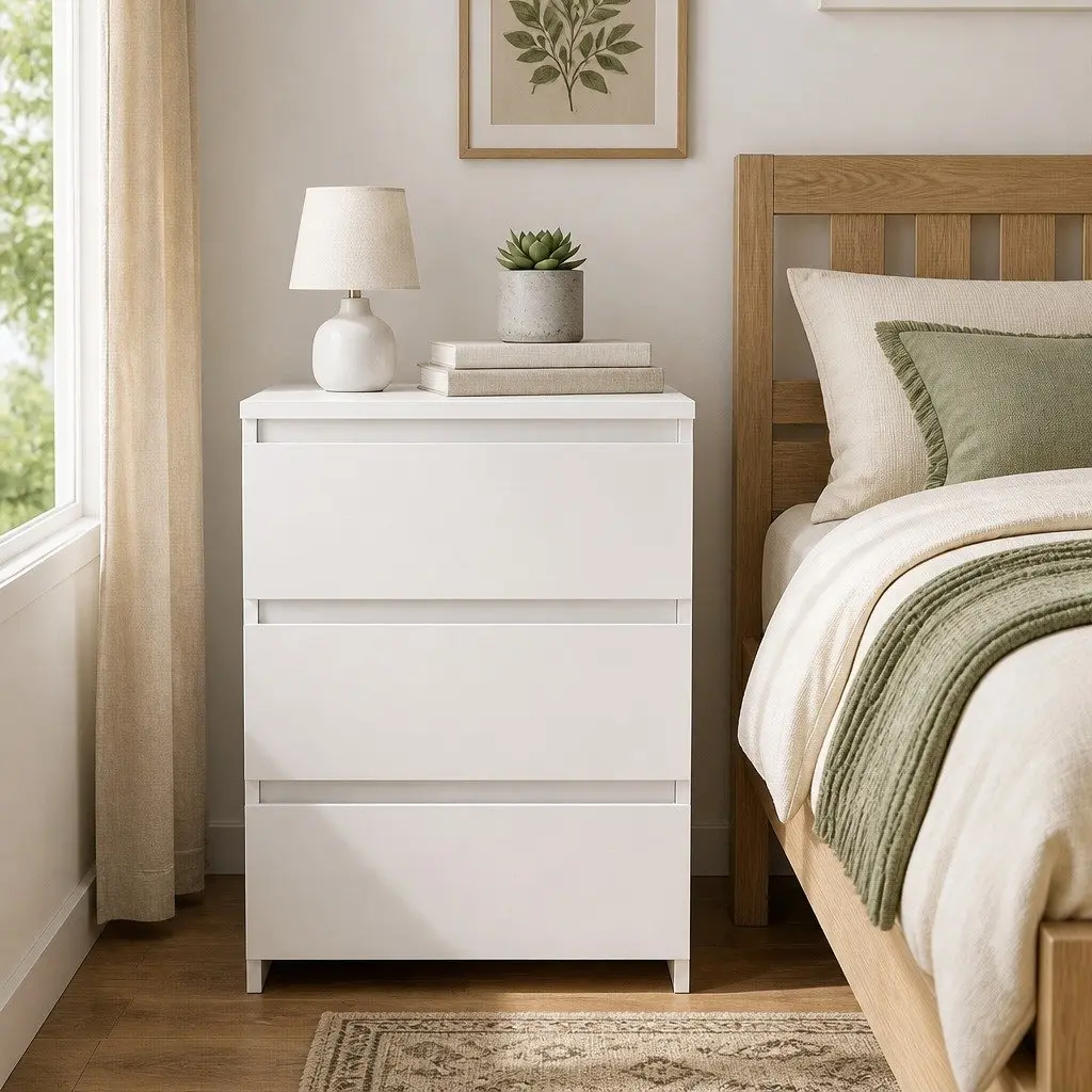 Bedside Table Side Table 3 Drawers Storage Nightstand Bedroom Cabinet White