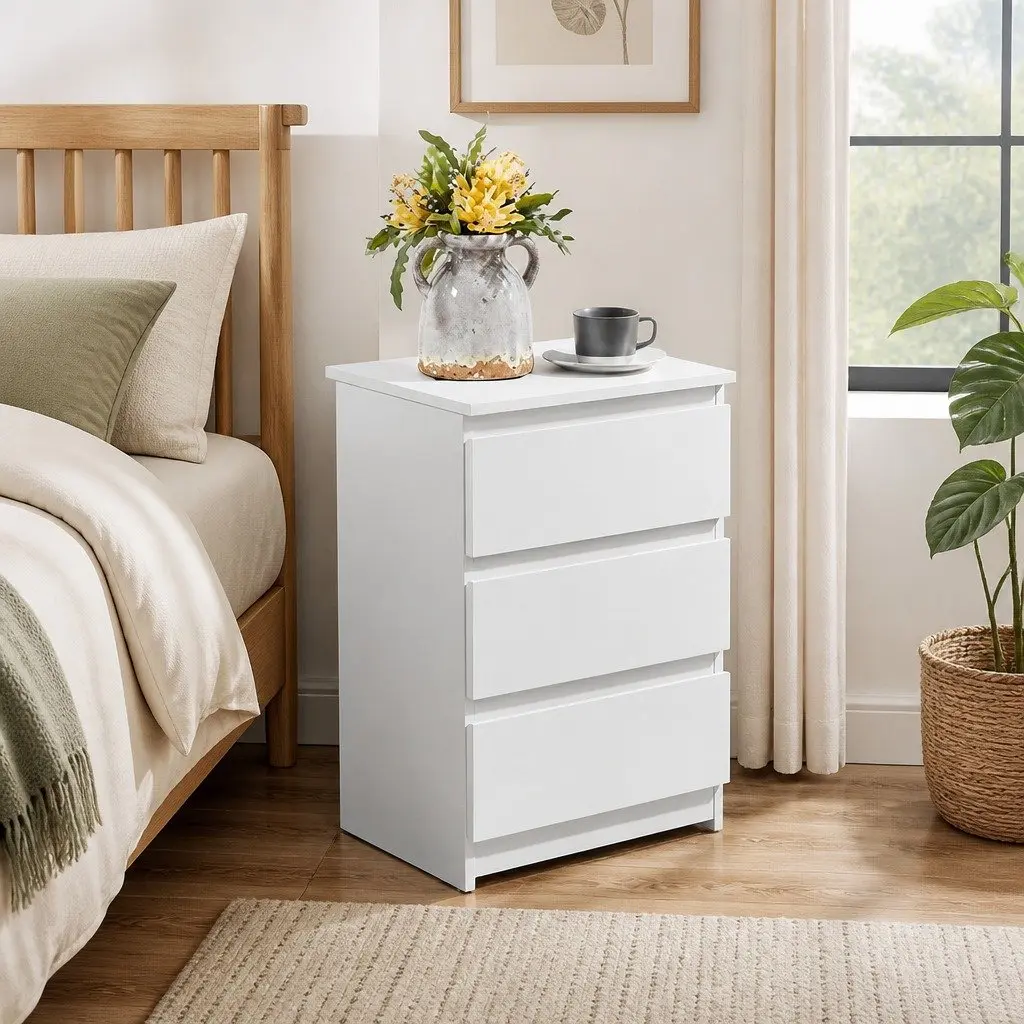 Bedside Table Side Table 3 Drawers Storage Nightstand Bedroom Cabinet White