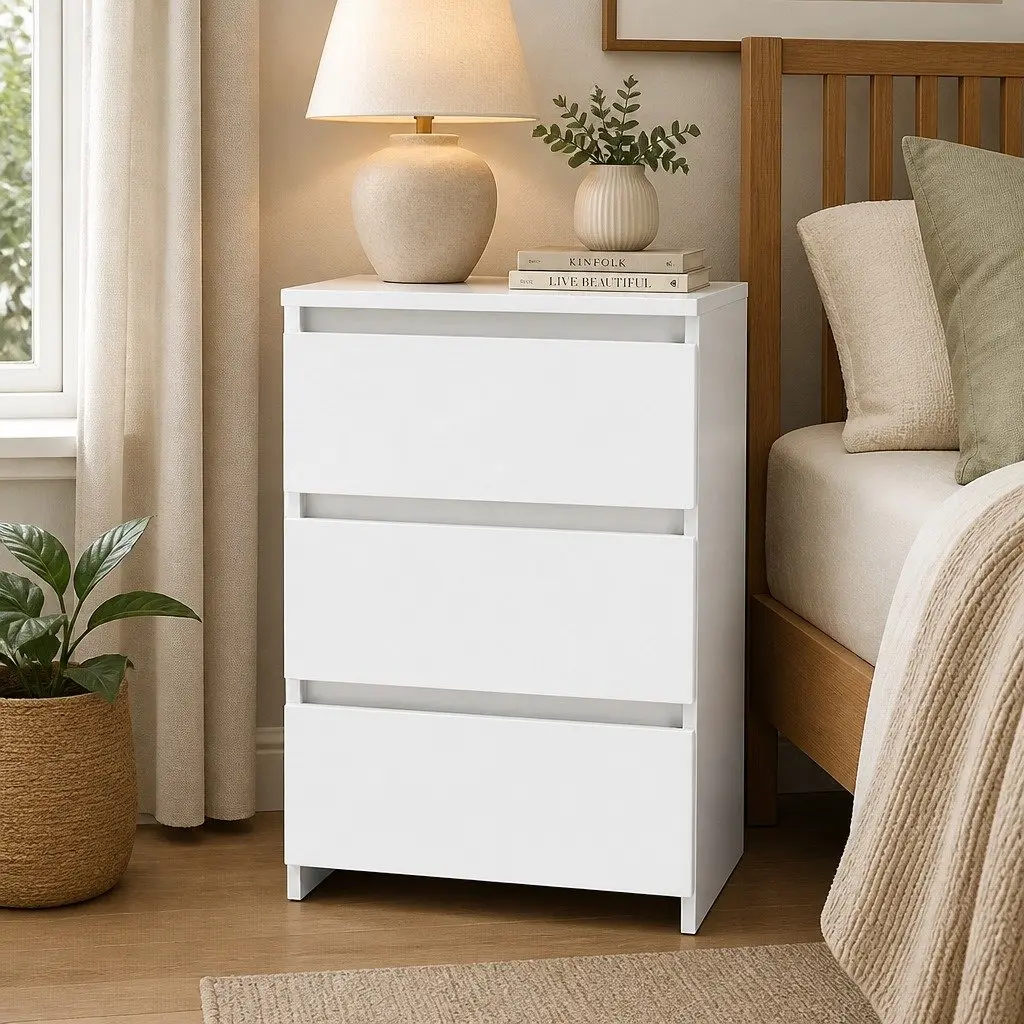 Bedside Table Side Table 3 Drawers Storage Nightstand Bedroom Cabinet White