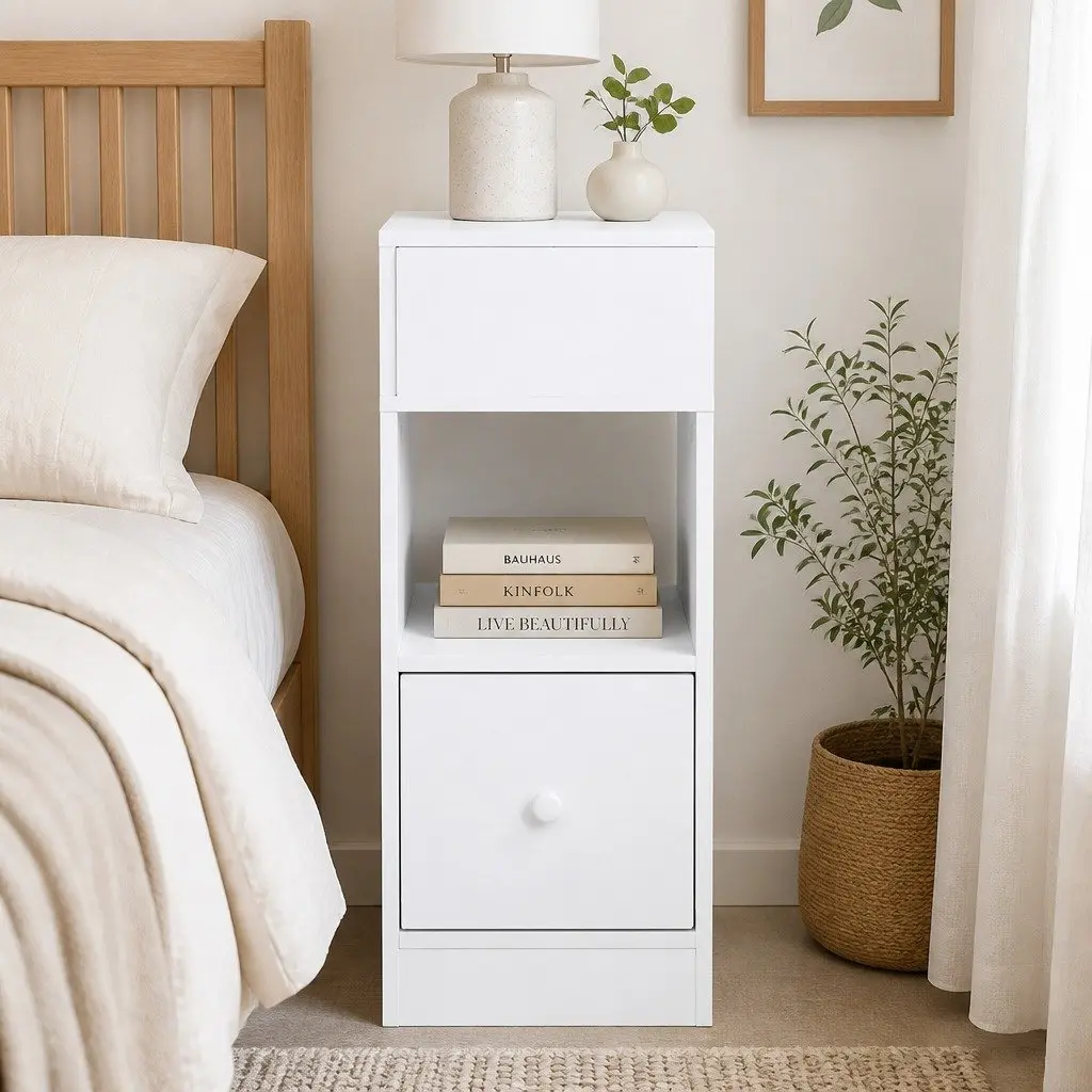 Slim Bedside Table Nightstand Storage Cabinet Two Shelves Drawer Bedroom