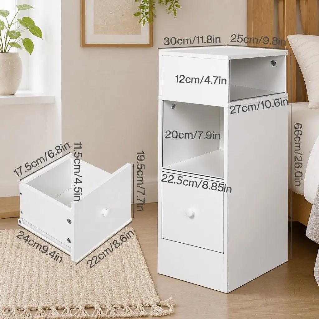 Slim Bedside Table Nightstand Storage Cabinet Two Shelves Drawer Bedroom