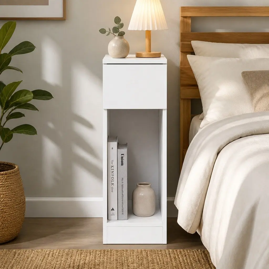Slim Bedside Table Nightstand Bedroom Storage Cabinet with Drawer Open Shelf