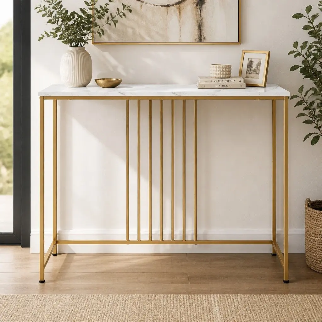 Console Table Hallway Narrow Entryway Sofa Side Marble Effect Gold Frame Modern