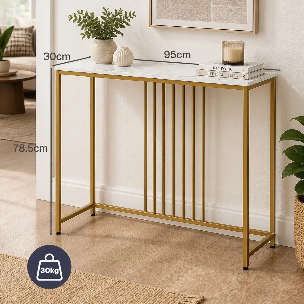 Console Table Hallway Narrow Entryway Sofa Side Marble Effect Gold Frame Modern