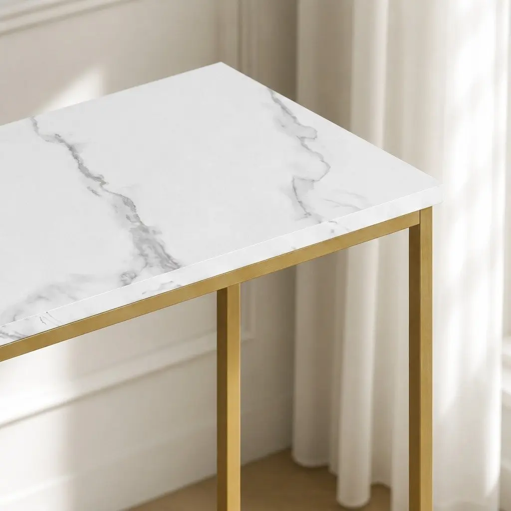 Console Table Hallway Narrow Entryway Sofa Side Marble Effect Gold Frame Modern