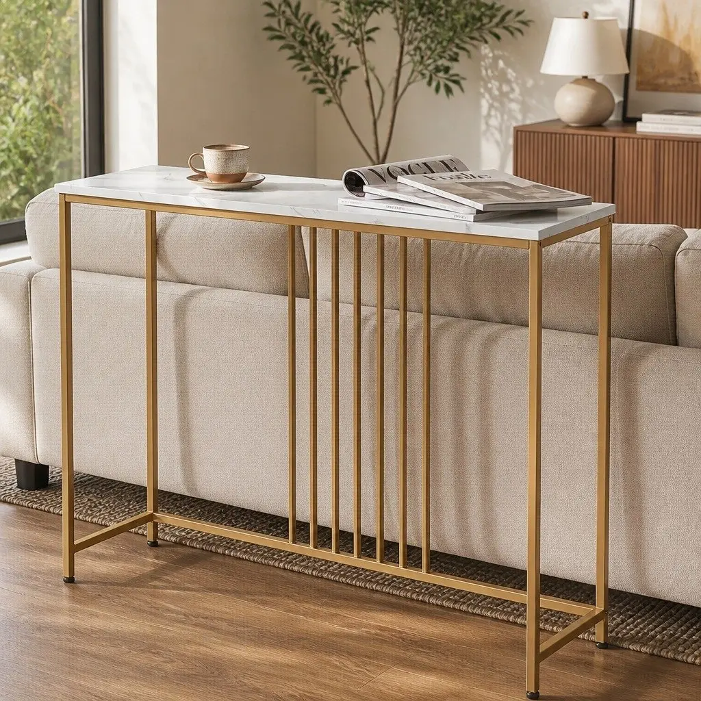 Console Table Hallway Narrow Entryway Sofa Side Marble Effect Gold Frame Modern