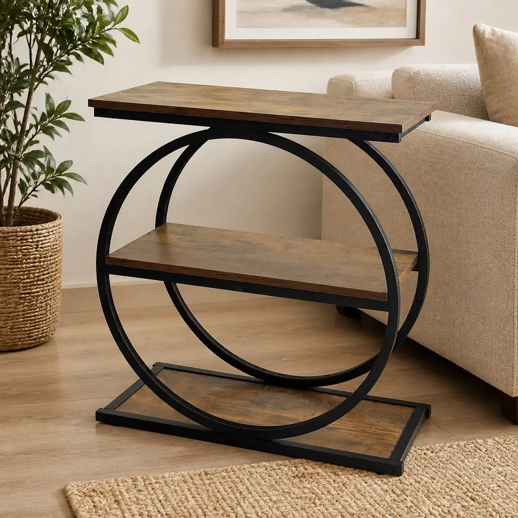 3 Tier Side Table Industrial Style Narrow Storage Shelves Rustic Brown and Black E1 Particle Board Iron