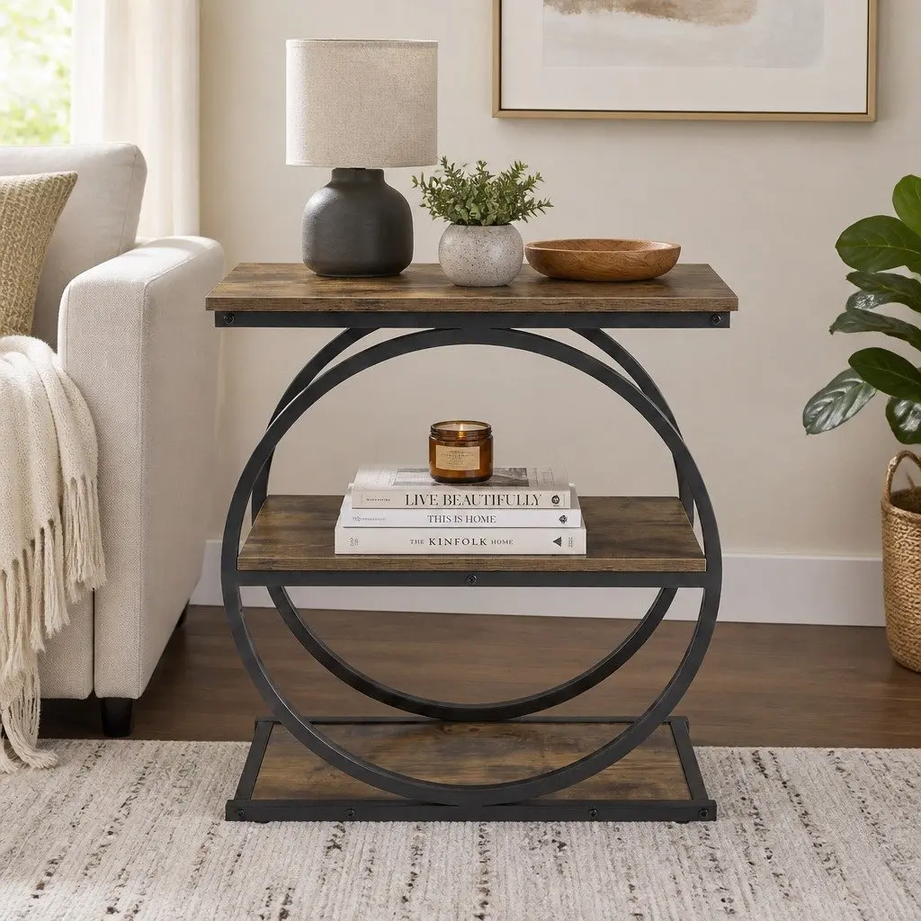 3 Tier Side Table Industrial Style Narrow Storage Shelves Rustic Brown and Black E1 Particle Board Iron