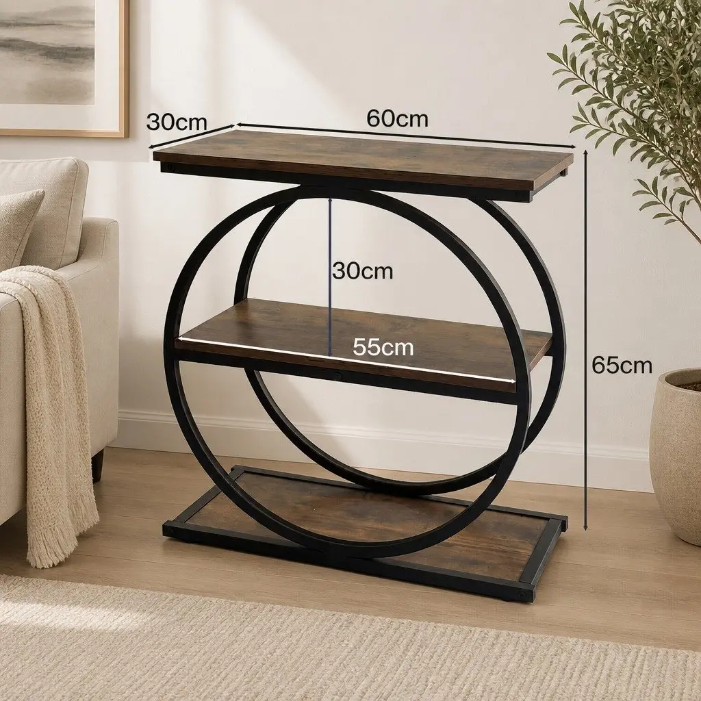 3 Tier Side Table Industrial Style Narrow Storage Shelves Rustic Brown and Black E1 Particle Board Iron