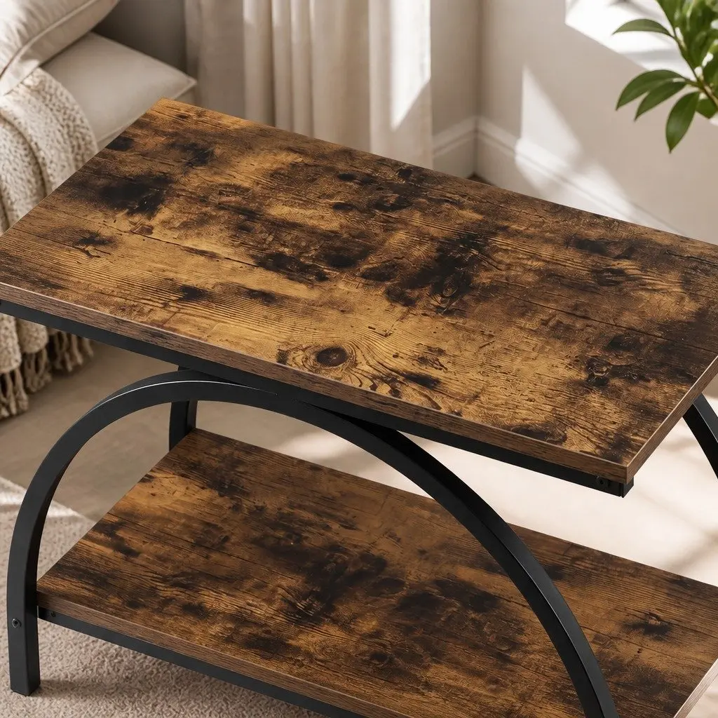 3 Tier Side Table Industrial Style Narrow Storage Shelves Rustic Brown and Black E1 Particle Board Iron