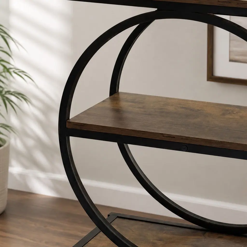 3 Tier Side Table Industrial Style Narrow Storage Shelves Rustic Brown and Black E1 Particle Board Iron