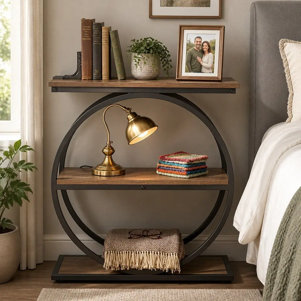 3 Tier Side Table Industrial Style Narrow Storage Shelves Rustic Brown and Black E1 Particle Board Iron