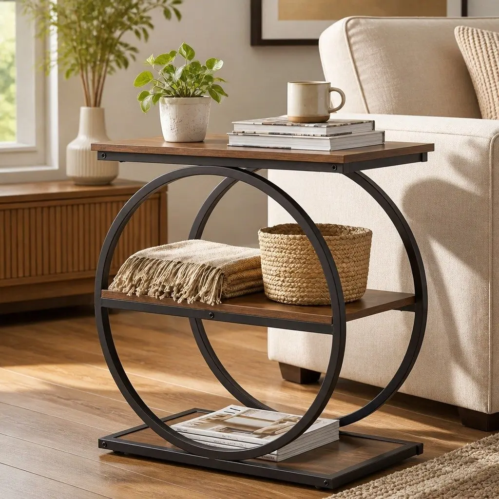 3 Tier Side Table Industrial Style Narrow Storage Shelves Rustic Brown and Black E1 Particle Board Iron