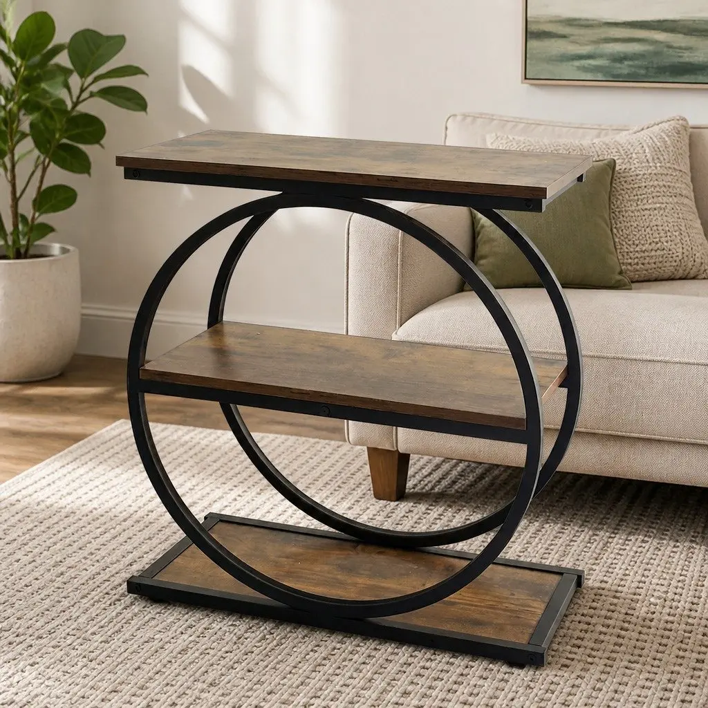 3 Tier Side Table Industrial Style Narrow Storage Shelves Rustic Brown and Black E1 Particle Board Iron