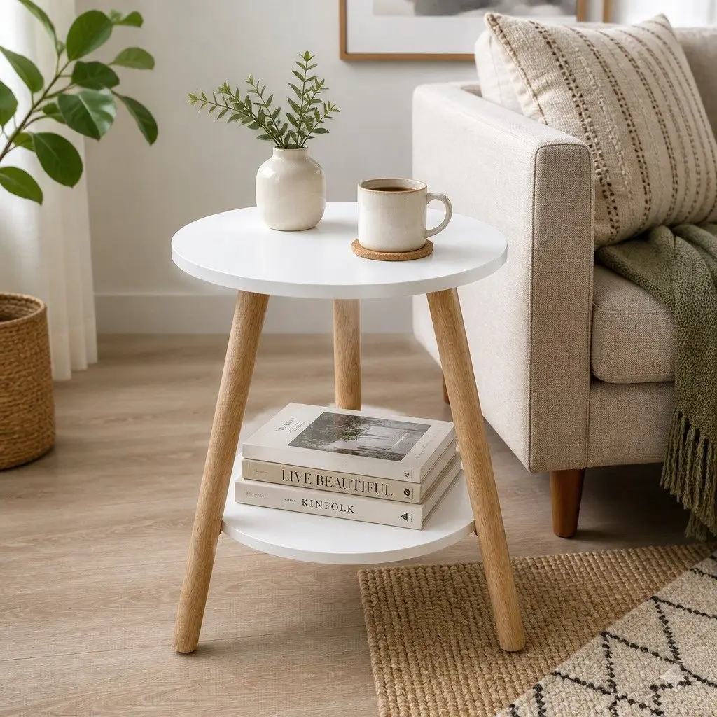 Round Coffee Table 2-Tier White Top Natural Wood Legs 38cm Diameter MDF