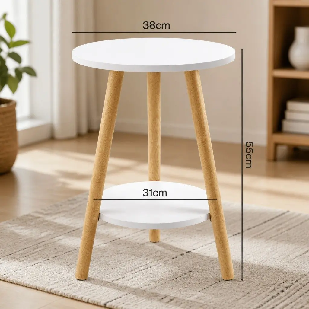 Round Coffee Table 2-Tier White Top Natural Wood Legs 38cm Diameter MDF
