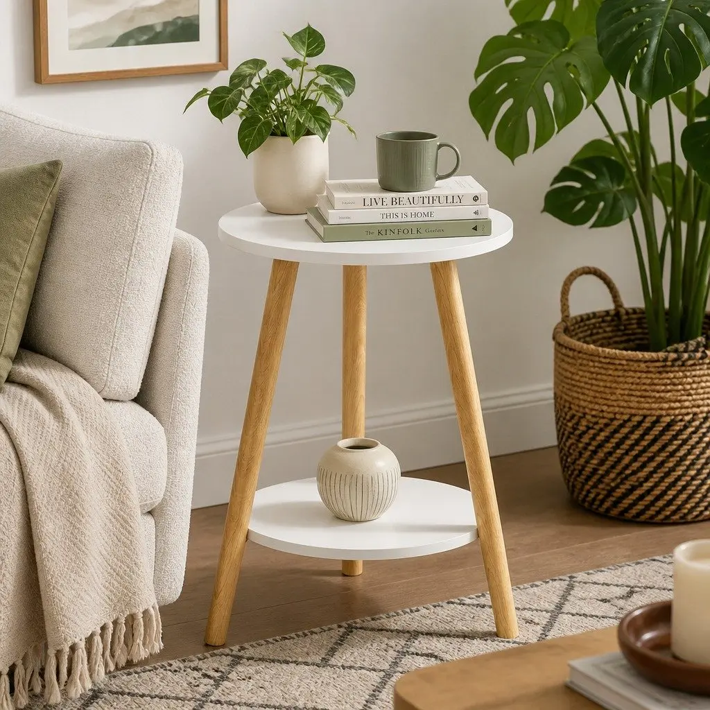 Round Coffee Table 2-Tier White Top Natural Wood Legs 38cm Diameter MDF