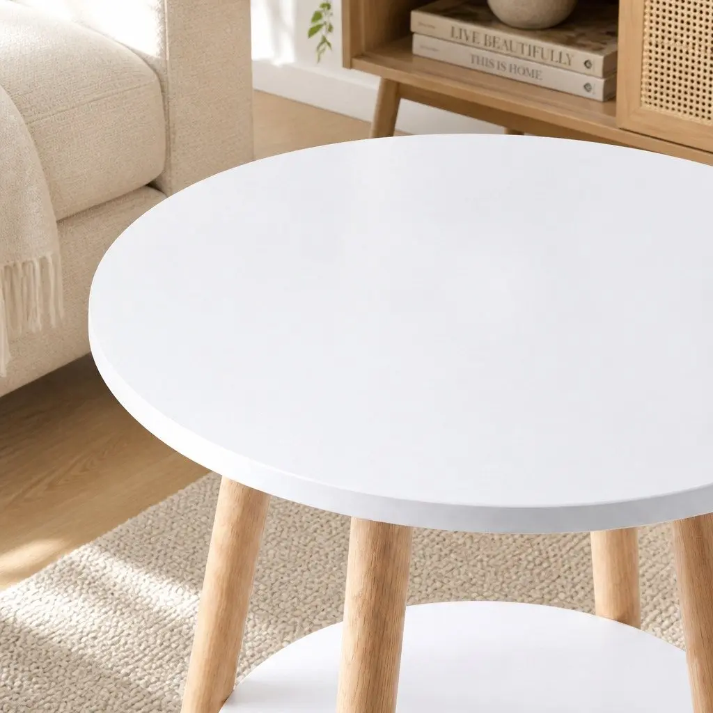 Round Coffee Table 2-Tier White Top Natural Wood Legs 38cm Diameter MDF