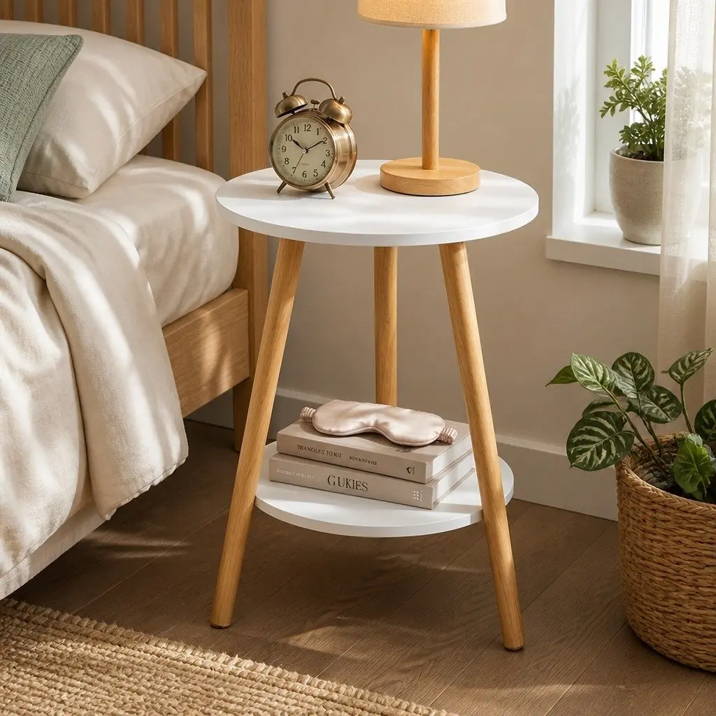 Round Coffee Table 2-Tier White Top Natural Wood Legs 38cm Diameter MDF