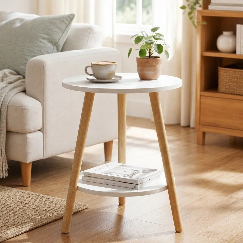 Round Coffee Table 2-Tier White Top Natural Wood Legs 38cm Diameter MDF