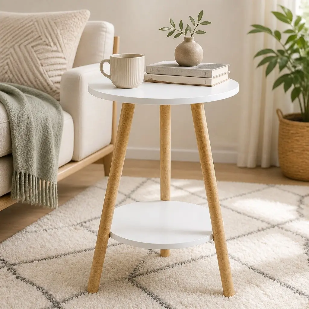Round Coffee Table 2-Tier White Top Natural Wood Legs 38cm Diameter MDF