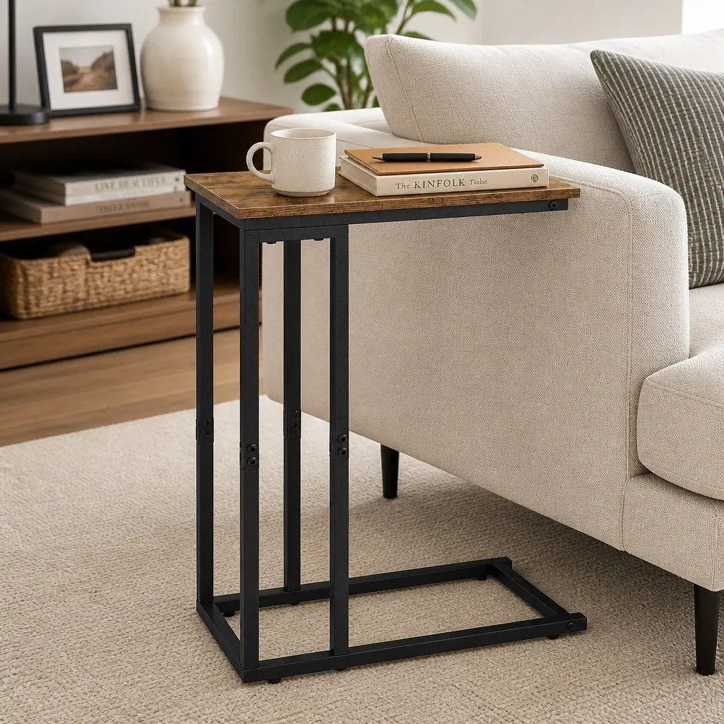 C Shaped Side Table Rustic Brown and Black Waterproof Compact Metal Frame E1 Particleboard 46cm L x 25.5cm W x 64cm H