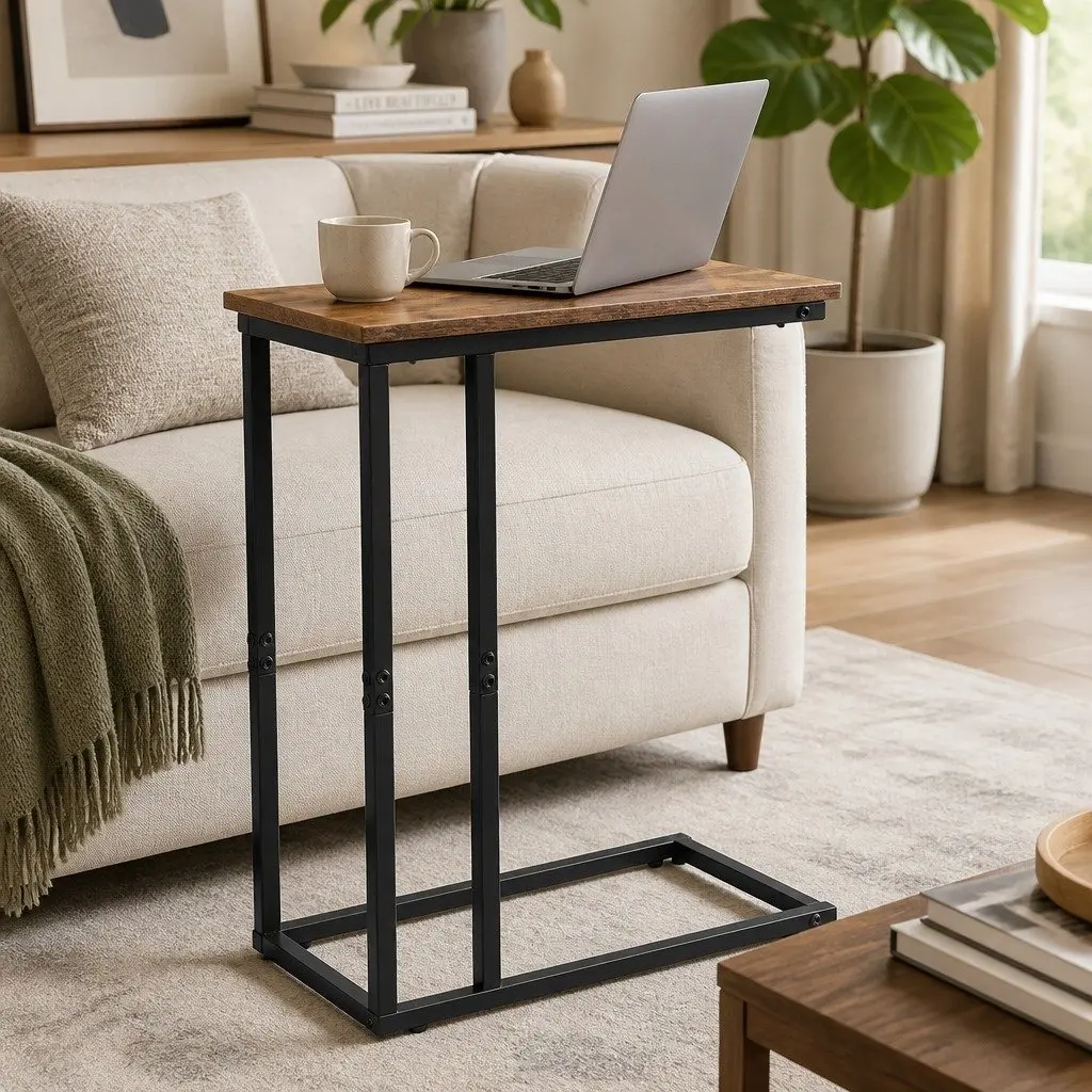 C Shaped Side Table Rustic Brown and Black Waterproof Compact Metal Frame E1 Particleboard 46cm L x 25.5cm W x 64cm H