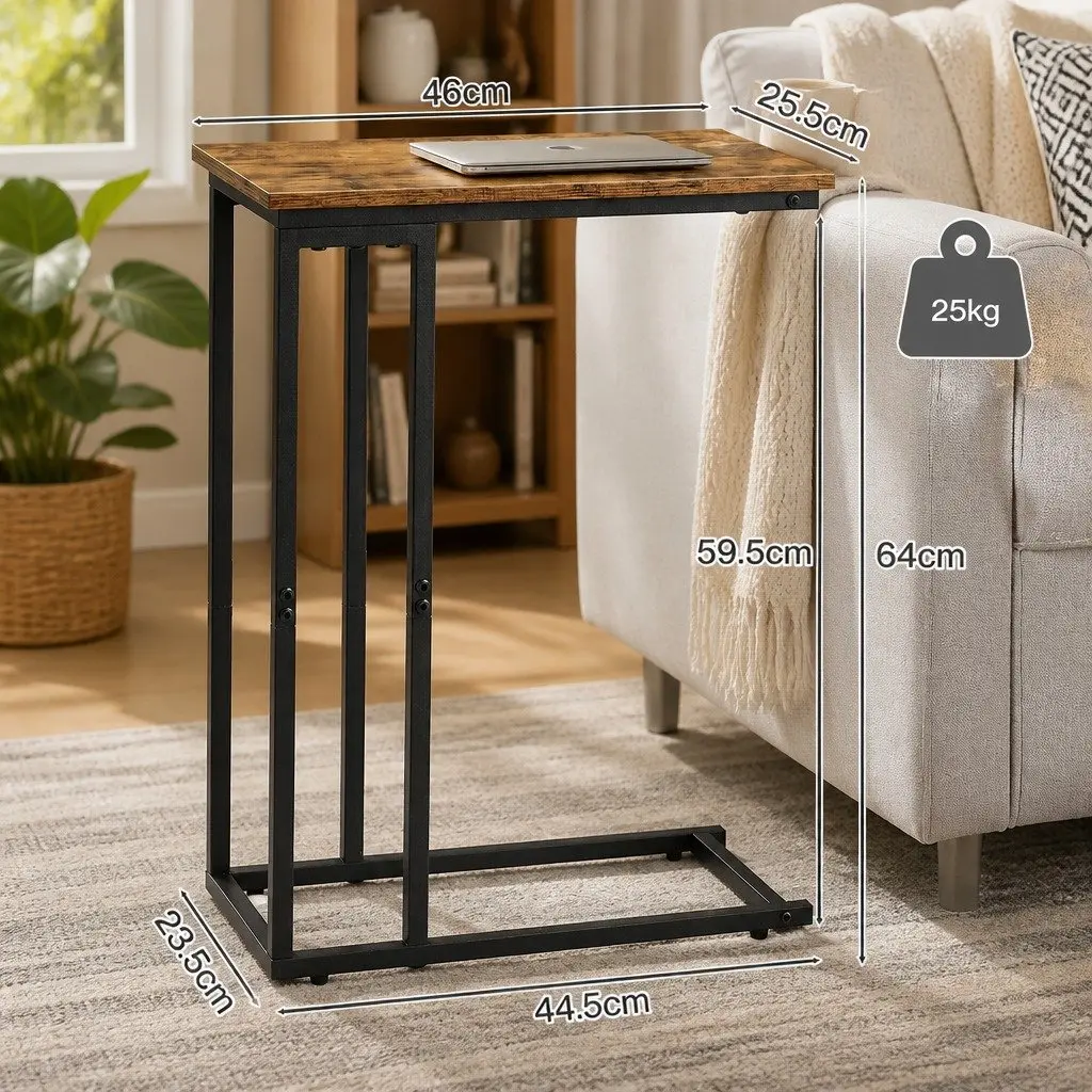 C Shaped Side Table Rustic Brown and Black Waterproof Compact Metal Frame E1 Particleboard 46cm L x 25.5cm W x 64cm H