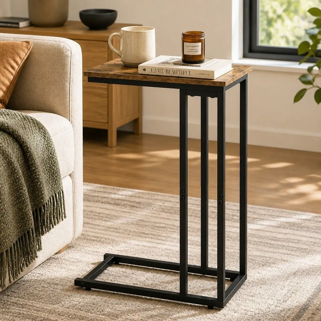 C Shaped Side Table Rustic Brown and Black Waterproof Compact Metal Frame E1 Particleboard 46cm L x 25.5cm W x 64cm H