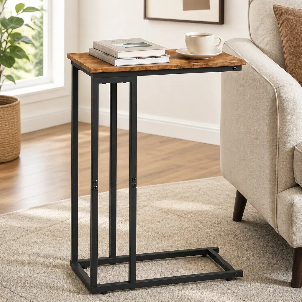 C Shaped Side Table Rustic Brown and Black Waterproof Compact Metal Frame E1 Particleboard 46cm L x 25.5cm W x 64cm H