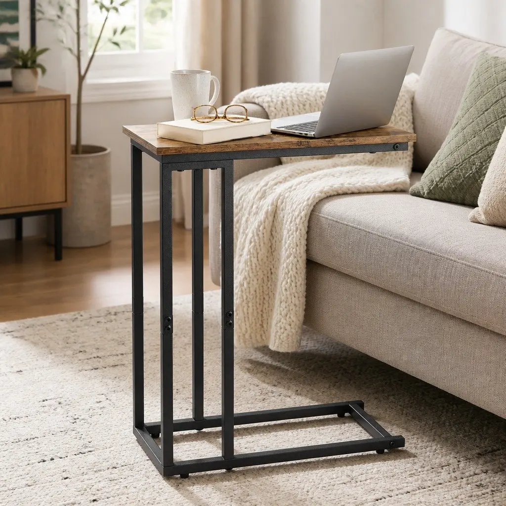 C Shaped Side Table Rustic Brown and Black Waterproof Compact Metal Frame E1 Particleboard 46cm L x 25.5cm W x 64cm H
