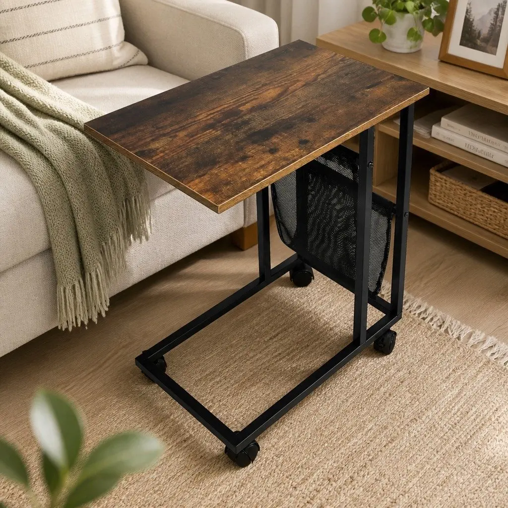 Side Table Mobile Coffee Table Industrial Style Mesh Storage Castor Wheels