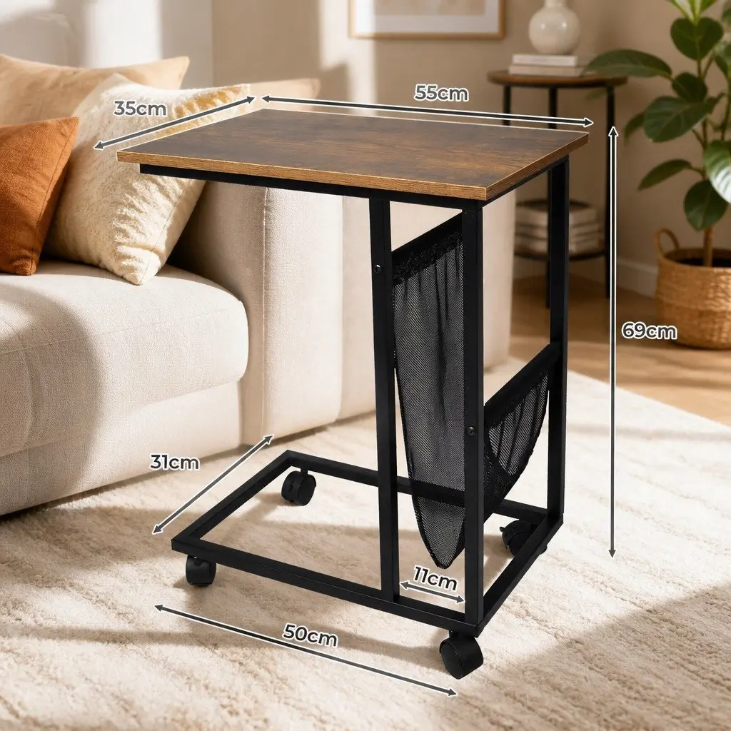 Side Table Mobile Coffee Table Industrial Style Mesh Storage Castor Wheels
