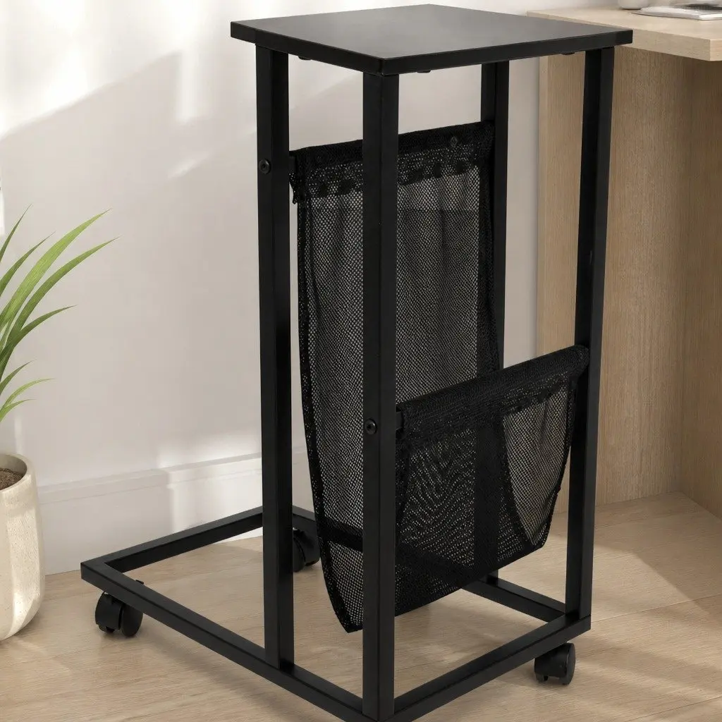 Side Table Mobile Coffee Table Industrial Style Mesh Storage Castor Wheels