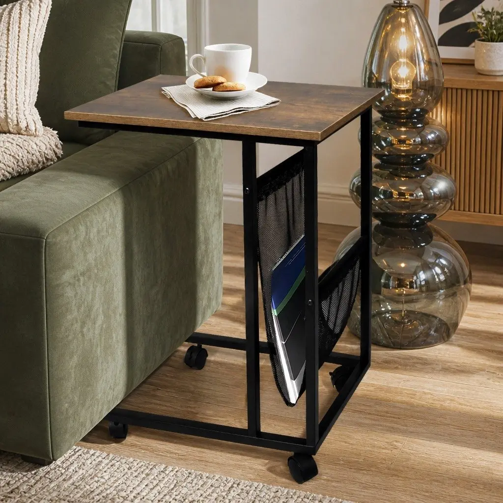 Side Table Mobile Coffee Table Industrial Style Mesh Storage Castor Wheels