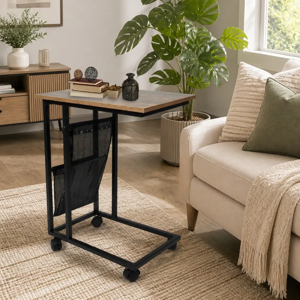 Side Table Mobile Coffee Table Industrial Style Mesh Storage Castor Wheels