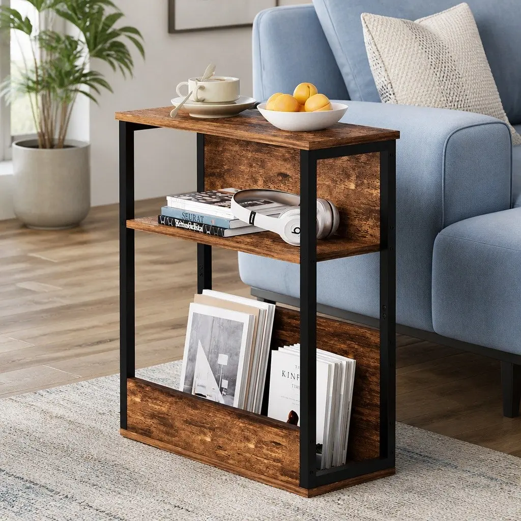 3-Tier Side Table Metal Frame Wood Top Living Room End Table Sofa Coffee Accent