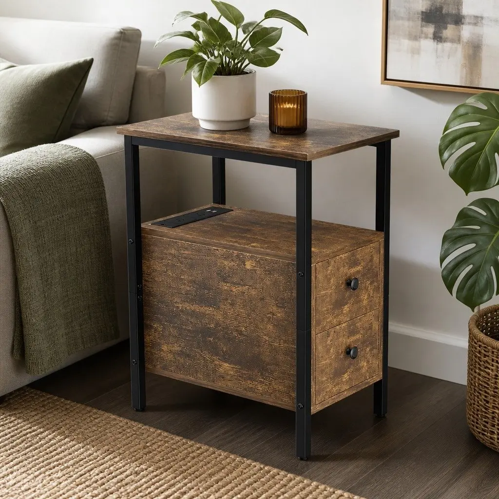 Narrow Side Table with USB Ports and Storage Drawers