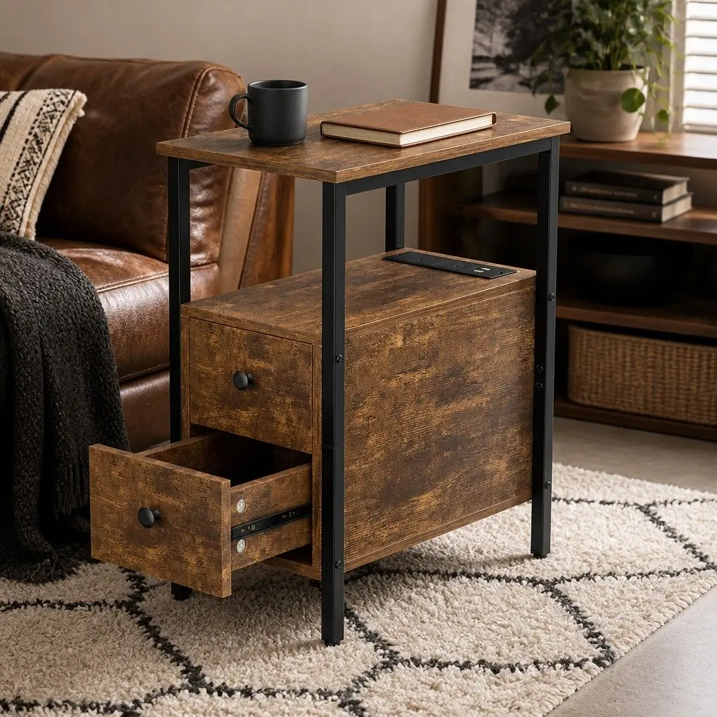 Narrow Side Table with USB Ports and Storage Drawers