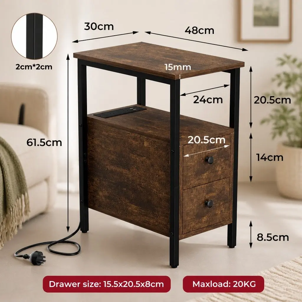 Narrow Side Table with USB Ports and Storage Drawers