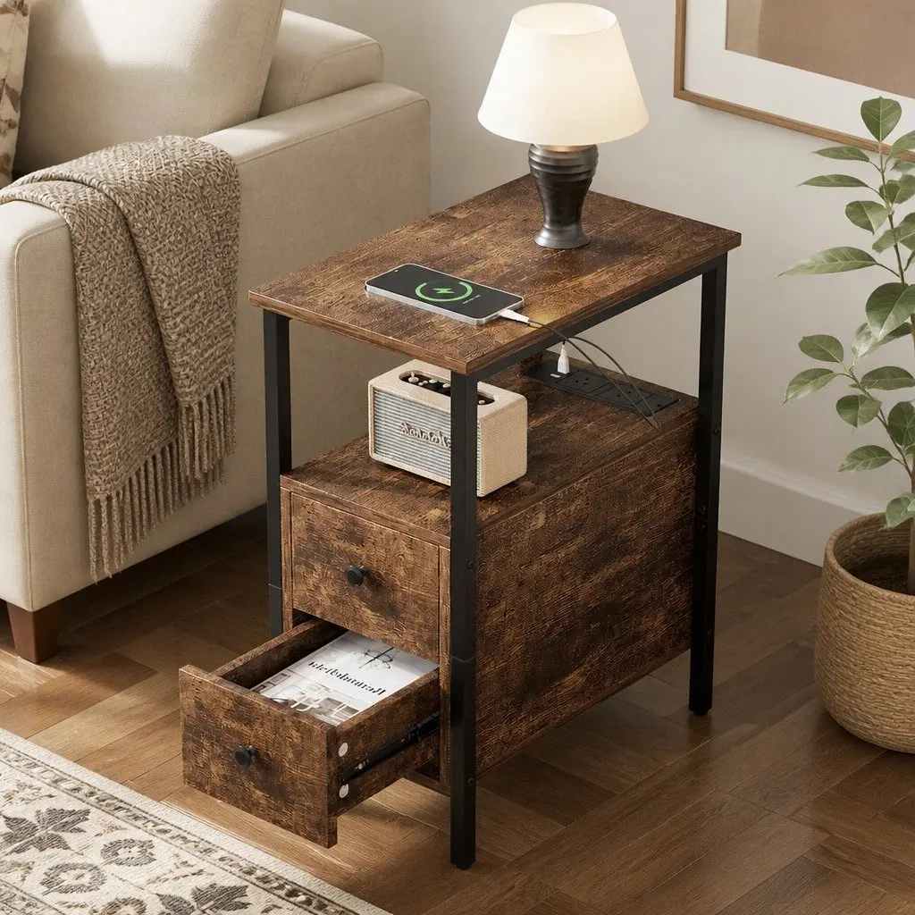 Narrow Side Table with USB Ports and Storage Drawers